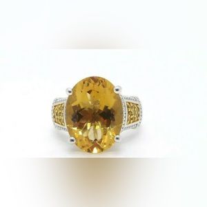 BBJ Sterling Silver Oval Citrine Pave Ring, size 9.5